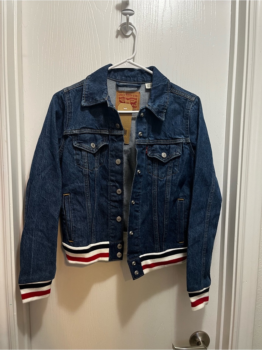 Levi's Dark Blue Denim Jacket with Red & White Stripe Trim